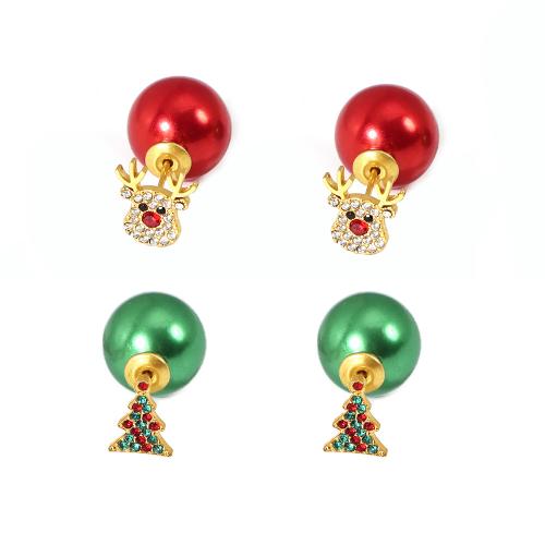 Weihnachten Ohrringe, 304 Edelstahl, mit Kunststoff Perlen, plattiert, Weihnachts-Design & verschiedene Stile für Wahl & Micro pave Zirkonia & für Frau, keine, verkauft von Paar