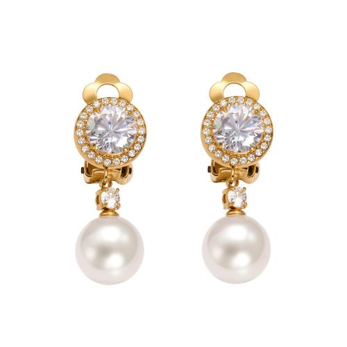 Boucle d'oreille goutte inox, Acier inoxydable 304, avec Shell Pearl, Placage, styles différents pour le choix & pavé de micro zircon & pour femme, doré, Vendu par paire