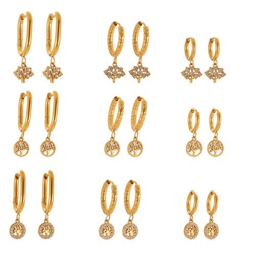 Boucle d'oreille goutte inox, Acier inoxydable 304, Placage, styles différents pour le choix & pavé de micro zircon & pour femme & creux, doré, Vendu par paire