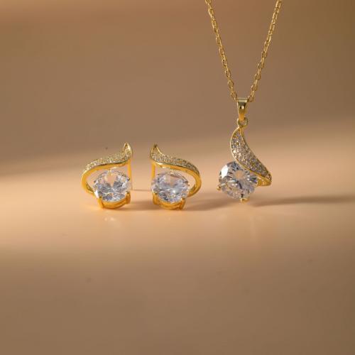 metal Conjunto de joya, Pendiente de stud & collar, chapado, 2 piezas & para mujer & con diamantes de imitación, más colores para la opción, Vendido por Set