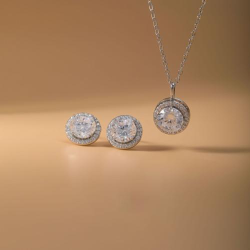 metal Conjunto de joya, Pendiente de stud & collar, Esférico, chapado, 2 piezas & para mujer & con diamantes de imitación, Vendido por Set