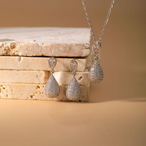 metal Conjunto de joya, pendiente & collar, Gota, chapado, 2 piezas & para mujer & con diamantes de imitación, Vendido por Set