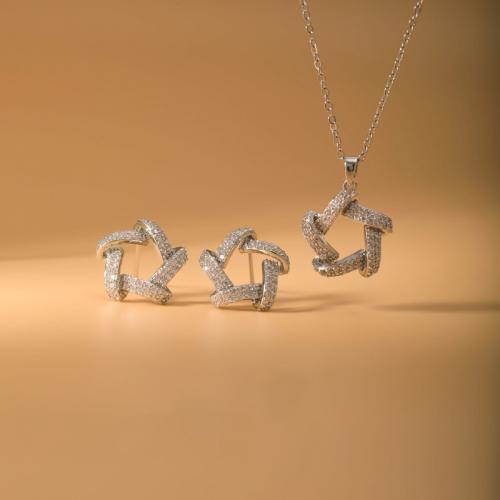 metal Conjunto de joya, Pendiente de stud & collar, chapado, 2 piezas & para mujer & con diamantes de imitación, Vendido por Set