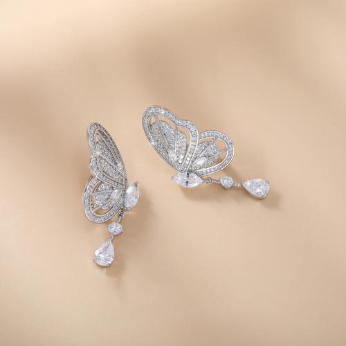 Messing Tropfen Ohrring, Schmetterling, plattiert, Micro pave Zirkonia & für Frau & hohl, Silberfarbe, 17x37mm, verkauft von Paar
