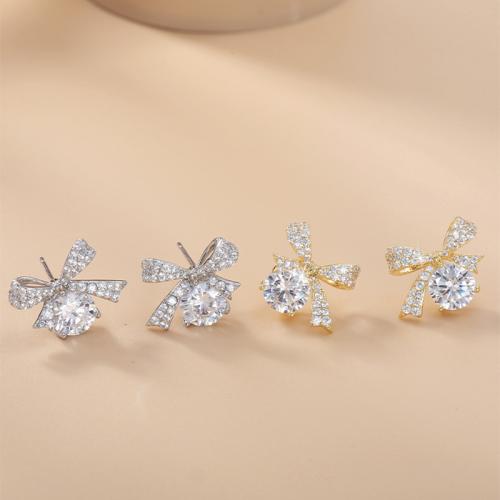 Messing Ohrstecker, Schleife, plattiert, Micro pave Zirkonia & für Frau, keine, 15x11.5mm, verkauft von Paar