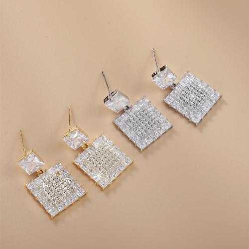 Messing Tropfen Ohrring, Quadrat, plattiert, Micro pave Zirkonia & für Frau, keine, 13.5x13.5mm, verkauft von Paar