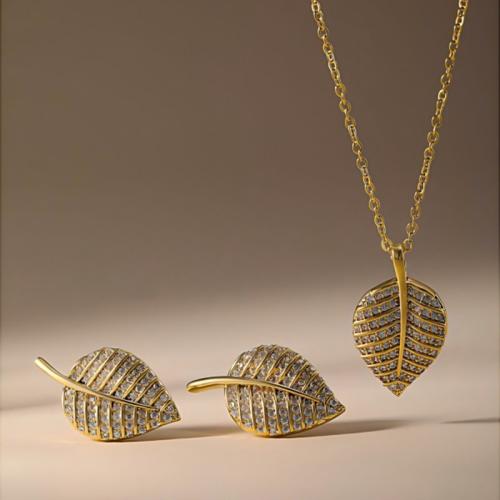 laiton parure de bijoux, Boucle d’oreille stud & collier, feuille, Placage, 2 pièces & pavé de micro zircon & pour femme, plus de couleurs à choisir, Vendu par fixé