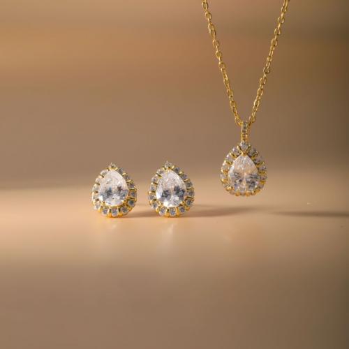 laiton parure de bijoux, Boucle d’oreille stud & collier, larme, Placage, 2 pièces & pavé de micro zircon & pour femme, plus de couleurs à choisir, Vendu par fixé