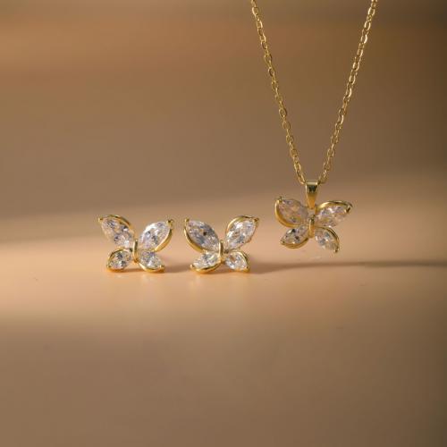 metal Conjunto de joya, Pendiente de stud & collar, Mariposa, chapado, 2 piezas & para mujer & con diamantes de imitación, más colores para la opción, Vendido por Set