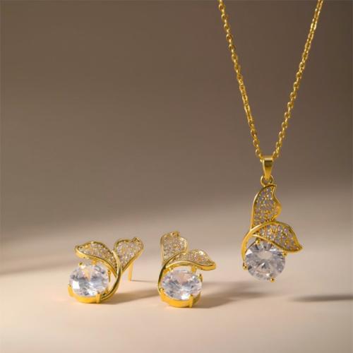 laiton parure de bijoux, Boucle d’oreille stud & collier, Queue de sirène, Placage, 2 pièces & pavé de micro zircon & pour femme, plus de couleurs à choisir, Vendu par fixé