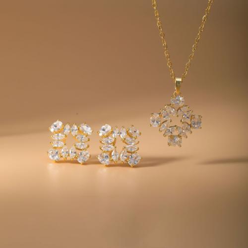 metal Conjunto de joya, Pendiente de stud & collar, Patrón Geométrico, chapado en color dorado, 2 piezas & micro arcilla de zirconia cúbica & para mujer, Vendido por Set