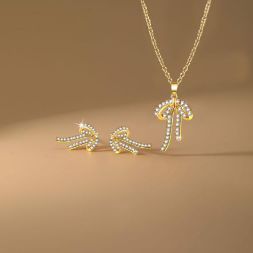 metal Conjunto de joya, Pendiente de stud & collar, Lazo, chapado, 2 piezas & para mujer & con diamantes de imitación, más colores para la opción, Vendido por Set