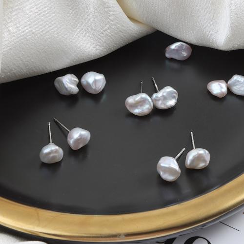Boucle d'oreille en argent sterling Stud perle naturelle, argent sterling 925, avec perle d'eau douce cultivée, Baroque, bijoux de mode, couleurs mélangées, 7-8mm, Vendu par paire[