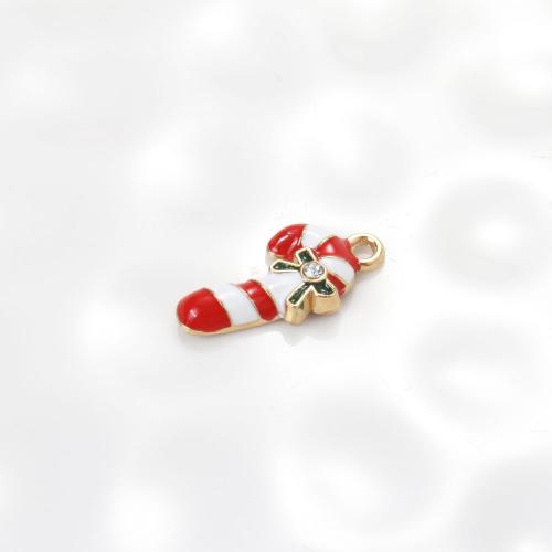 Zinc Alloy Christmas Pendants, Christmas Candy Cane, gold color plated, DIY & enamel & with rhinestone, mixed colors 