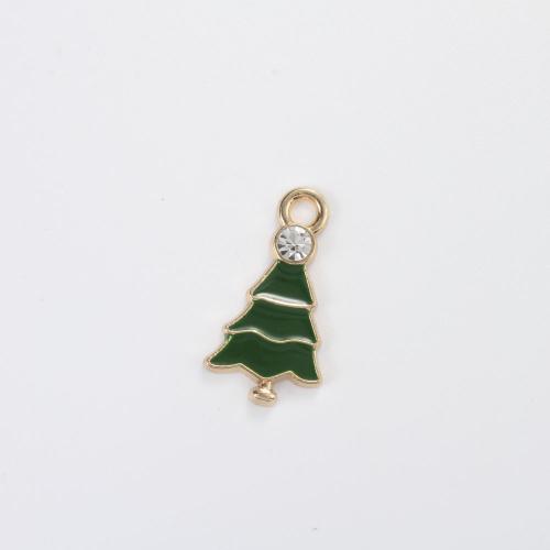 Pendentifs de Noël en alliage de zinc, arbre de noël, Placage de couleur d'or, DIY & émail & avec strass, couleurs mélangées Vendu par PC[