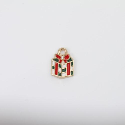 Pendentifs de Noël en alliage de zinc, En forme de boîte de cadeau, Placage de couleur d'or, Conception de Noël & DIY & émail, couleurs mélangées Vendu par PC