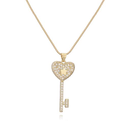 Корень Циркон Микро вымощает латунь ожерелье, Латунь, Ключ, 18K позолоченный, ювелирные изделия моды & инкрустированное микро кубического циркония & Женский, продается PC
