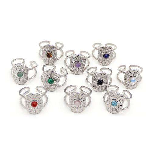 Gemstone Stainless Steel Finger Ring, 304 Stainless Steel, with Natural Stone, silver color plated, fashion jewelry 