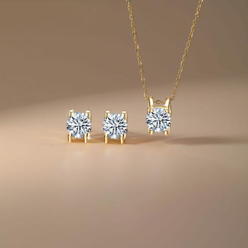 Micro cúbicos Circonia allanar sistemas de la joyería de cobre amarillo, metal, Pendiente de stud & collar, chapado, 2 piezas & para mujer & con circonia cúbica, más colores para la opción, Vendido por Set