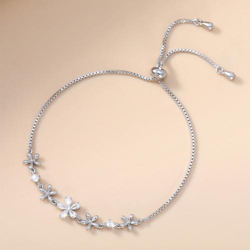 Cubic Zirconia Micro Pave Brass Bracelet, Flower, plated, adjustable & box chain & micro pave cubic zirconia & for woman, silver color Approx 6-9 Inch 