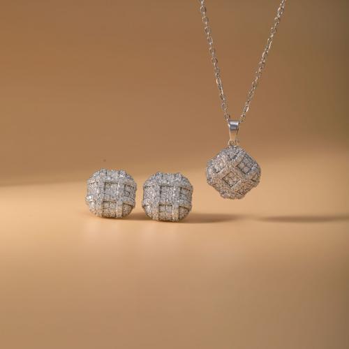 Micro cúbicos Circonia allanar sistemas de la joyería de cobre amarillo, metal, Pendiente de stud & collar, Cuadrado, chapado, 2 piezas & micro arcilla de zirconia cúbica & para mujer, plateado, Vendido por Set