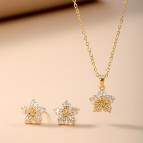 Micro cúbicos Circonia allanar sistemas de la joyería de cobre amarillo, metal, Pendiente de stud & collar, Flor, chapado, 2 piezas & micro arcilla de zirconia cúbica & para mujer, más colores para la opción, Vendido por Set