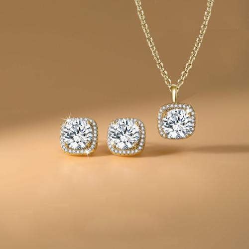 Micro cúbicos Circonia allanar sistemas de la joyería de cobre amarillo, metal, Pendiente de stud & collar, Cuadrado, chapado, 2 piezas & micro arcilla de zirconia cúbica & para mujer, más colores para la opción, Vendido por Set