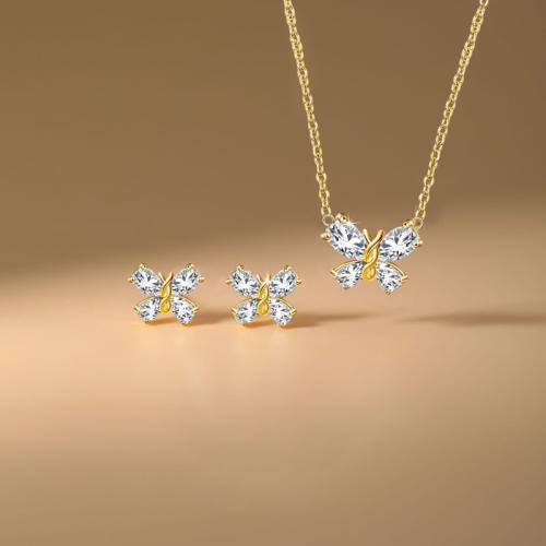 Micro cúbicos Circonia allanar sistemas de la joyería de cobre amarillo, metal, Pendiente de stud & collar, Mariposa, chapado, 2 piezas & micro arcilla de zirconia cúbica & para mujer, más colores para la opción, Vendido por Set