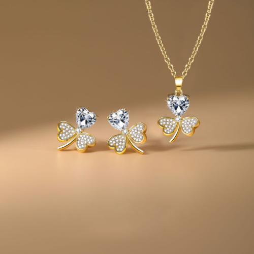 Micro cúbicos Circonia allanar sistemas de la joyería de cobre amarillo, metal, Pendiente de stud & collar, Trébol de tres hojas, chapado, 2 piezas & micro arcilla de zirconia cúbica & para mujer, más colores para la opción, Vendido por Set