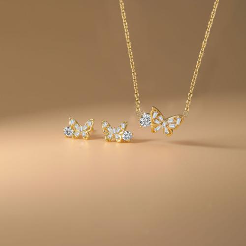Conjunto de la joya de cobre amarillo, metal, Pendiente de stud & collar, Mariposa, chapado, 2 piezas & para mujer & con diamantes de imitación, más colores para la opción, Vendido por Set