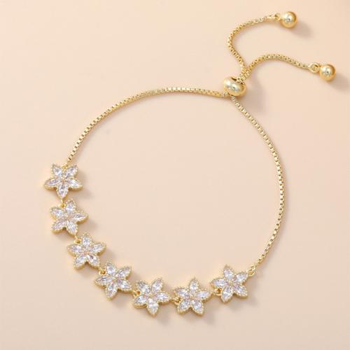 Cubic Zirconia Micro Pave Brass Bracelet, Flower, plated, adjustable & box chain & micro pave cubic zirconia & for woman Approx 6-9 Inch 