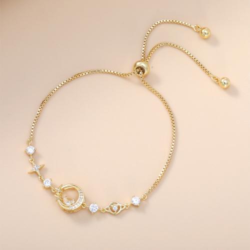 キュービックジルコニアマイクロパヴェブラスブレスレット, 銅, 月とスター, メッキ, 調節の可能性がある & ボックス チェーン & マイクロパヴェジルコニア & 女性用, 無色, 長さ:約 6-9 インチ, 売り手 パソコン