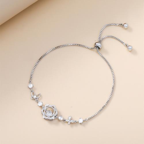 Cubic Zirconia Micro Pave Brass Bracelet, Flower, plated, adjustable & box chain & micro pave cubic zirconia & for woman, silver color Approx 6-9 Inch 