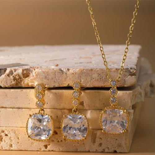 Micro cúbicos Circonia allanar sistemas de la joyería de cobre amarillo, metal, pendiente & collar, Patrón Geométrico, chapado, micro arcilla de zirconia cúbica & para mujer, más colores para la opción, Vendido por Set