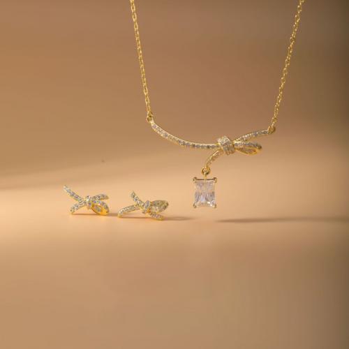 Micro cúbicos Circonia allanar sistemas de la joyería de cobre amarillo, metal, Pendiente de stud & collar, chapado, 2 piezas & micro arcilla de zirconia cúbica & para mujer, dorado, Vendido por Set