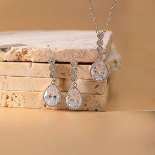 Micro cúbicos Circonia allanar sistemas de la joyería de cobre amarillo, metal, pendiente & collar, Gota, chapado, 2 piezas & micro arcilla de zirconia cúbica & para mujer, plateado, Vendido por Set