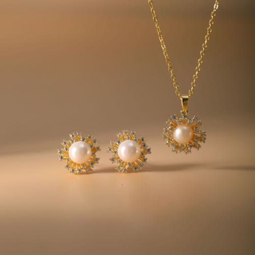 Micro cúbicos Circonia allanar sistemas de la joyería de cobre amarillo, metal, Pendiente de stud & collar, con Perlas plásticas, Flor, chapado, 2 piezas & micro arcilla de zirconia cúbica & para mujer, más colores para la opción, Vendido por Set