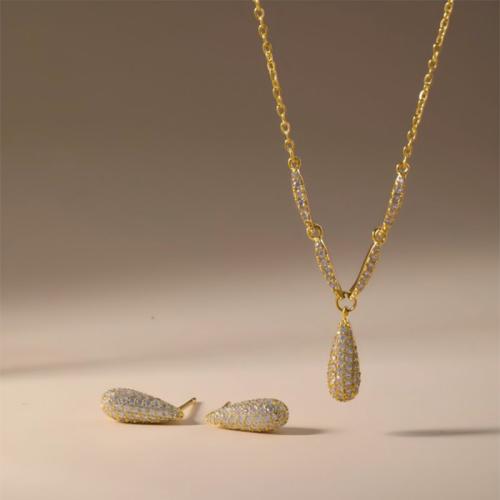 Micro cúbicos Circonia allanar sistemas de la joyería de cobre amarillo, metal, Pendiente de stud & collar, Gota, chapado, 2 piezas & micro arcilla de zirconia cúbica & para mujer, más colores para la opción, Vendido por Set