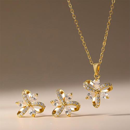 Micro cúbicos Circonia allanar sistemas de la joyería de cobre amarillo, metal, Pendiente de stud & collar, chapado, 2 piezas & micro arcilla de zirconia cúbica & para mujer, más colores para la opción, Vendido por Set