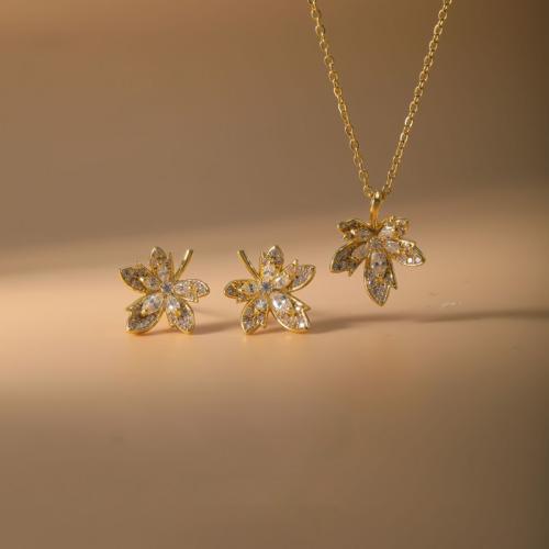 Micro cúbicos Circonia allanar sistemas de la joyería de cobre amarillo, metal, Pendiente de stud & collar, Hoja del arce, chapado, 2 piezas & micro arcilla de zirconia cúbica & para mujer, más colores para la opción, Vendido por Set