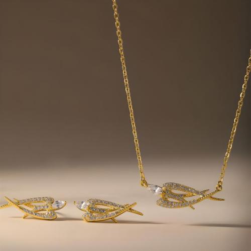 Micro cúbicos Circonia allanar sistemas de la joyería de cobre amarillo, metal, Pendiente de stud & collar, chapado, 2 piezas & micro arcilla de zirconia cúbica & para mujer, más colores para la opción, Vendido por Set