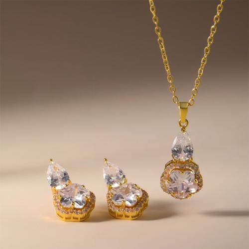 Conjunto de la joya de cobre amarillo, metal, pendiente & collar, chapado, 2 piezas & para mujer & con diamantes de imitación, más colores para la opción, Vendido por Set