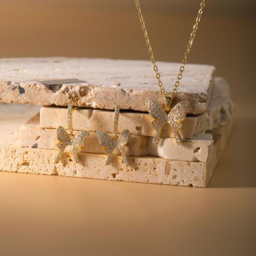 Conjunto de la joya de cobre amarillo, metal, pendiente & collar, Mariposa, chapado, 2 piezas & para mujer & con diamantes de imitación, más colores para la opción, Vendido por Set
