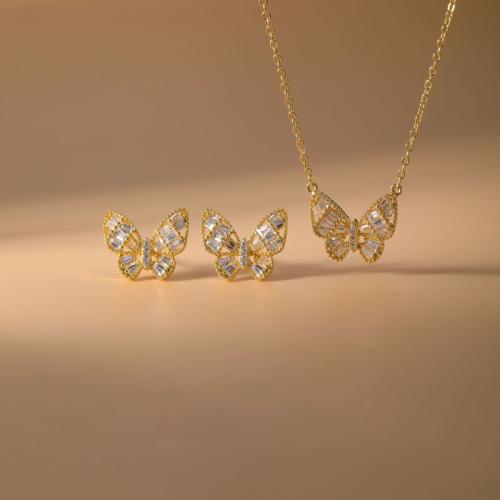 Micro cúbicos Circonia allanar sistemas de la joyería de cobre amarillo, metal, Pendiente de stud & collar, Mariposa, chapado, 2 piezas & micro arcilla de zirconia cúbica & para mujer, más colores para la opción, Vendido por Set