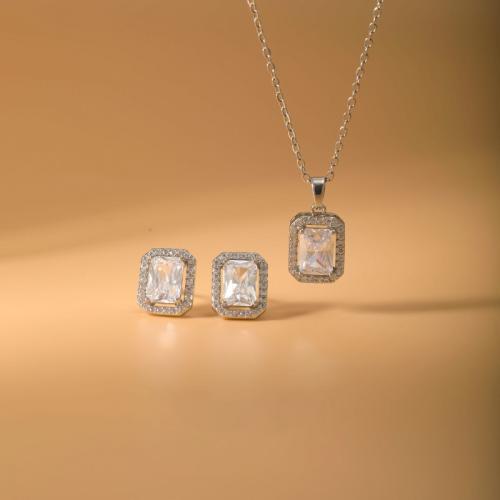 Micro cúbicos Circonia allanar sistemas de la joyería de cobre amarillo, metal, Pendiente de stud & collar, Patrón Geométrico, chapado, 2 piezas & micro arcilla de zirconia cúbica & para mujer, plateado, Vendido por Set