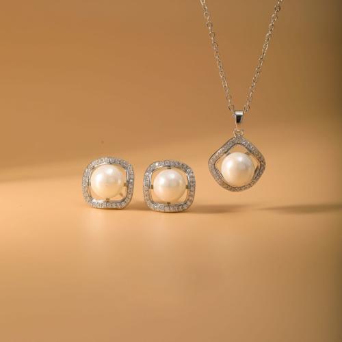 Micro cúbicos Circonia allanar sistemas de la joyería de cobre amarillo, metal, Pendiente de stud & collar, con Perlas plásticas, Patrón Geométrico, chapado, 2 piezas & micro arcilla de zirconia cúbica & para mujer, plateado, Vendido por Set