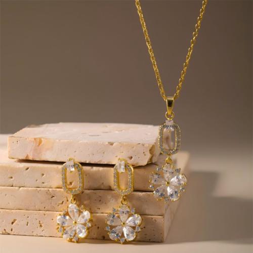 Micro cúbicos Circonia allanar sistemas de la joyería de cobre amarillo, metal, pendiente & collar, Flor, chapado, 2 piezas & micro arcilla de zirconia cúbica & para mujer, más colores para la opción, Vendido por Set