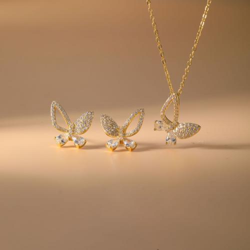 Micro cúbicos Circonia allanar sistemas de la joyería de cobre amarillo, metal, Pendiente de stud & collar, Mariposa, chapado, 2 piezas & micro arcilla de zirconia cúbica & para mujer & hueco, más colores para la opción, Vendido por Set