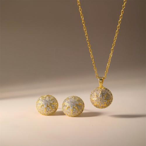Micro cúbicos Circonia allanar sistemas de la joyería de cobre amarillo, metal, Pendiente de stud & collar, Esférico, chapado, 2 piezas & micro arcilla de zirconia cúbica & para mujer, más colores para la opción, Vendido por Set