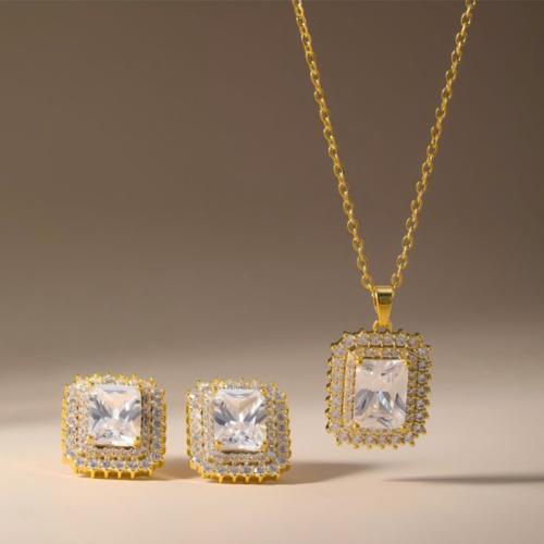 Micro cúbicos Circonia allanar sistemas de la joyería de cobre amarillo, metal, Pendiente de stud & collar, Cuadrado, chapado, 2 piezas & micro arcilla de zirconia cúbica & para mujer, más colores para la opción, Vendido por Set
